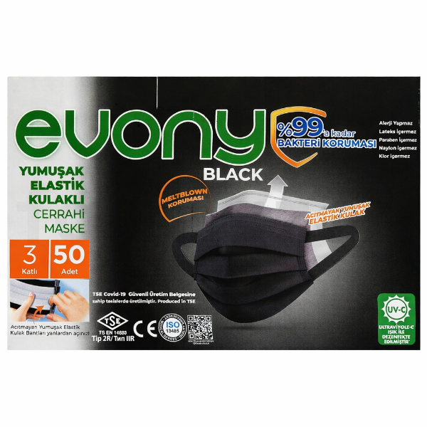 Evony 3 Katlı Siyah Cerrahi Maske Telli 50'li (ÜTS Kayıtlı)